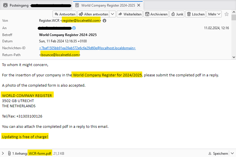 Achtung, Abofalle und Trickformular: "World Company Register 2024/2025"