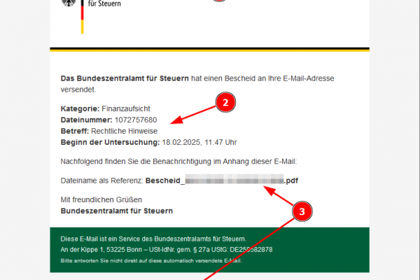 Screenshot von der gefälschten, betrügerischen Mail mit dem Titel: "Das Bundeszentralamt für Steuern hat einen Bescheid an Ihre E-Mail-Adresse versendet".