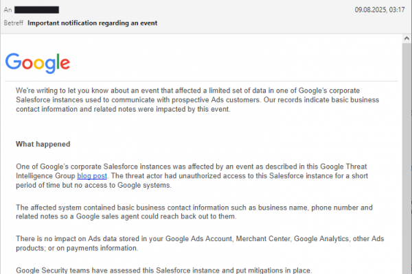 Sicherheitsvorfall bei Google, Screenshot der offiziellen Benachrichtigung, die alle Betroffenen erhalten haben