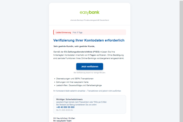 easybank Phishing, easybank Phishing-Mail, Kontoverifizierung,